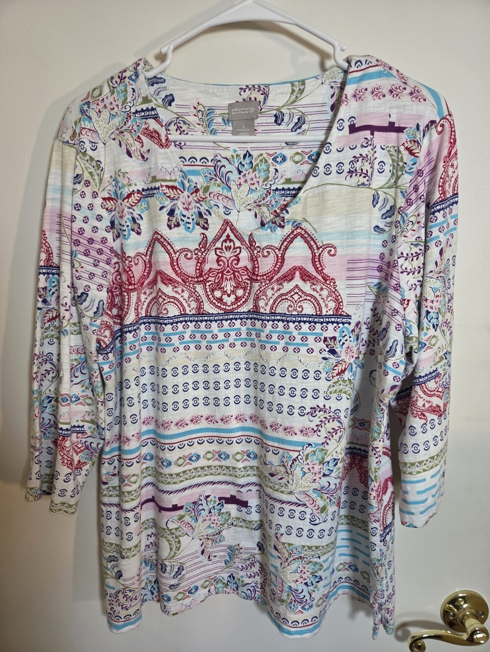 Chico's White Multi-Print V-Neck Tunic with Pink and Blue Accents